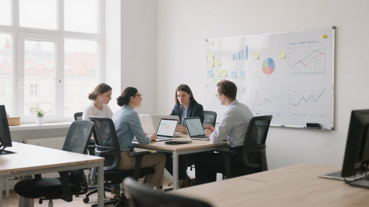 Small analytics team working in a bright Prague office, laptops open with charts and notes on a whiteboard, modern desks and neutral business atmosphere