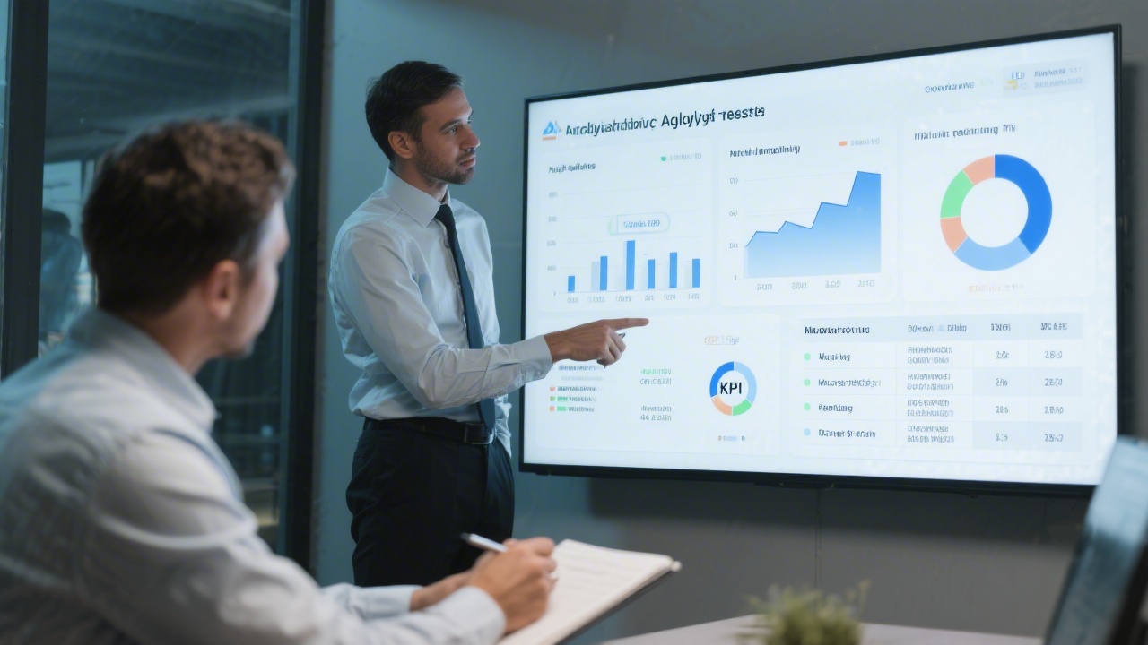 Consultant explaining analytics results on a large screen with charts and KPI tables, while a client takes notes, highlighting clear and practical reporting