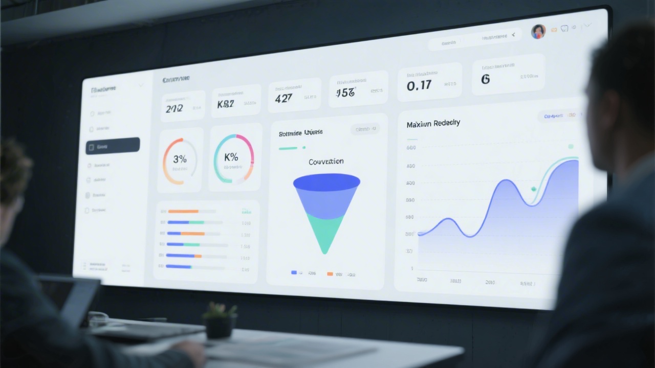 Large dashboard screen with clear KPI cards, conversion funnel chart, and trend lines, presented in a clean interface suitable for executive reporting and quick insights