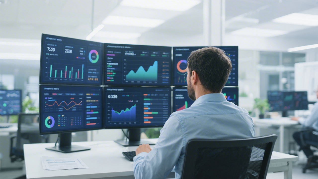 Business analyst looking at multiple analytics screens with charts, dashboards, and conversion metrics in a bright modern office, showcasing real work on data insights and reporting