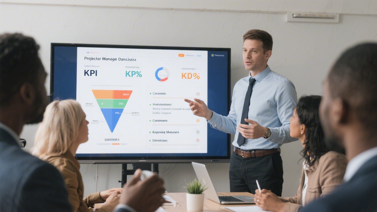Project manager presenting a concise reporting deck with KPI summary, conversion funnel and clear action points to a small business audience