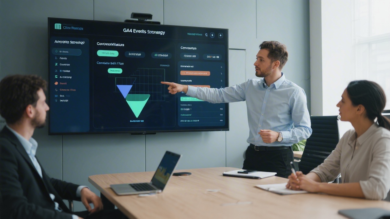 Consultant working with a client on analytics strategy, pointing at a screen with GA4 event setup and conversion funnel details in a modern meeting room